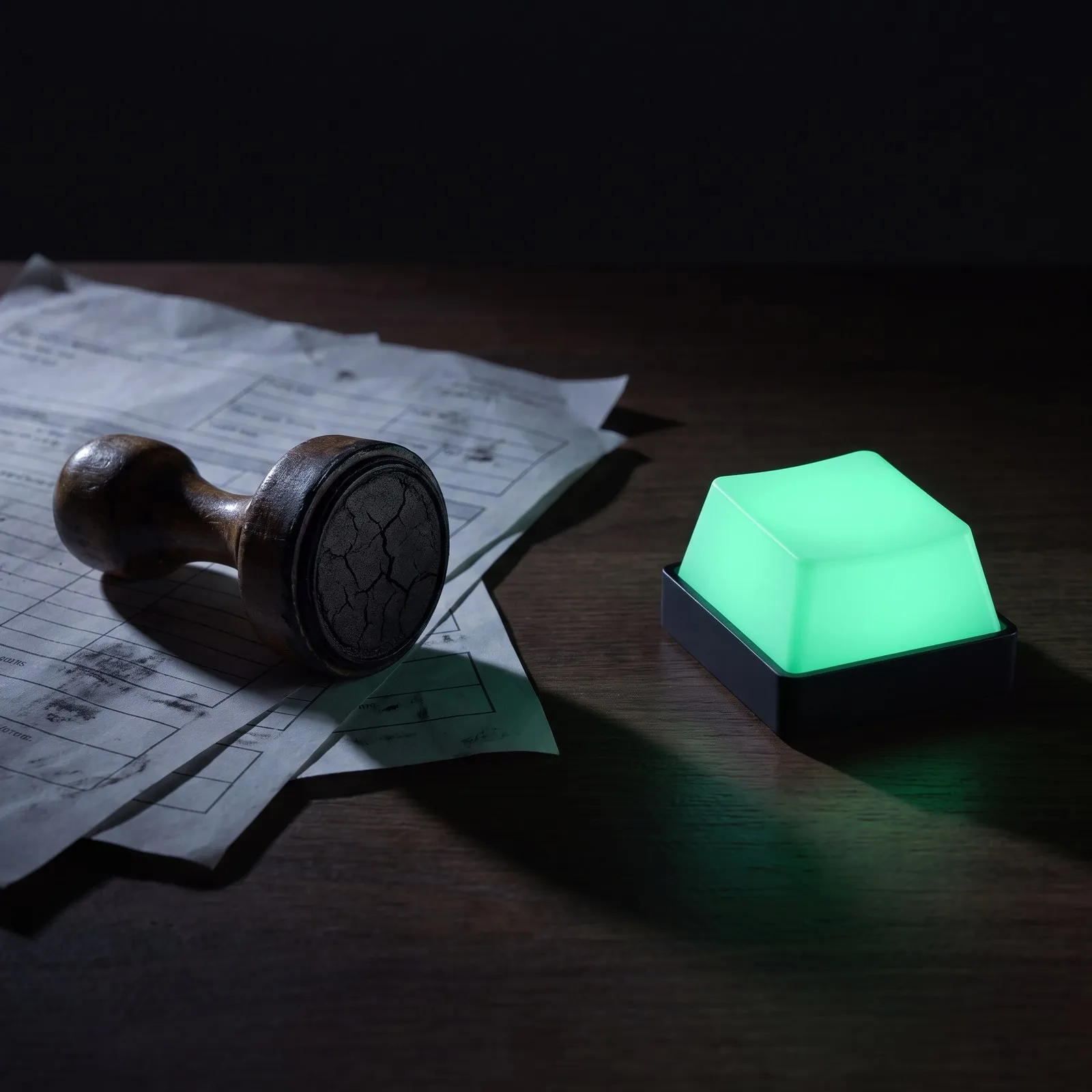 An old rubber stamp on paperwork next to a single glowing mint key.